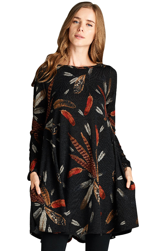 BY220210-2 Black Feather Graphic Pocket Tunic Dress